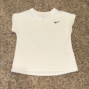 Nike White Short-Sleeve Athletic Top with Black Swoosh